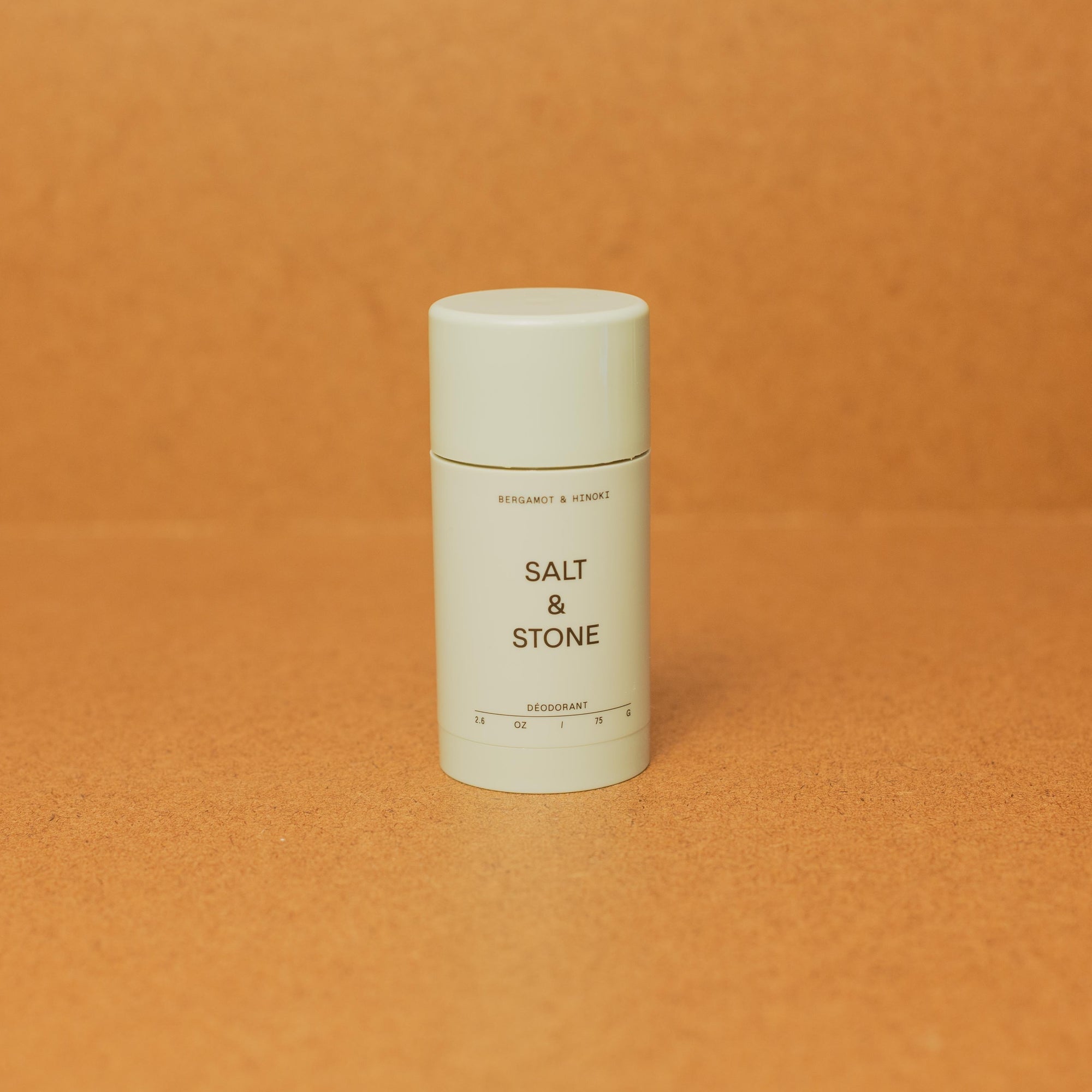 Salt and Stone Deodorant - Bergamont & Hinoki brown background