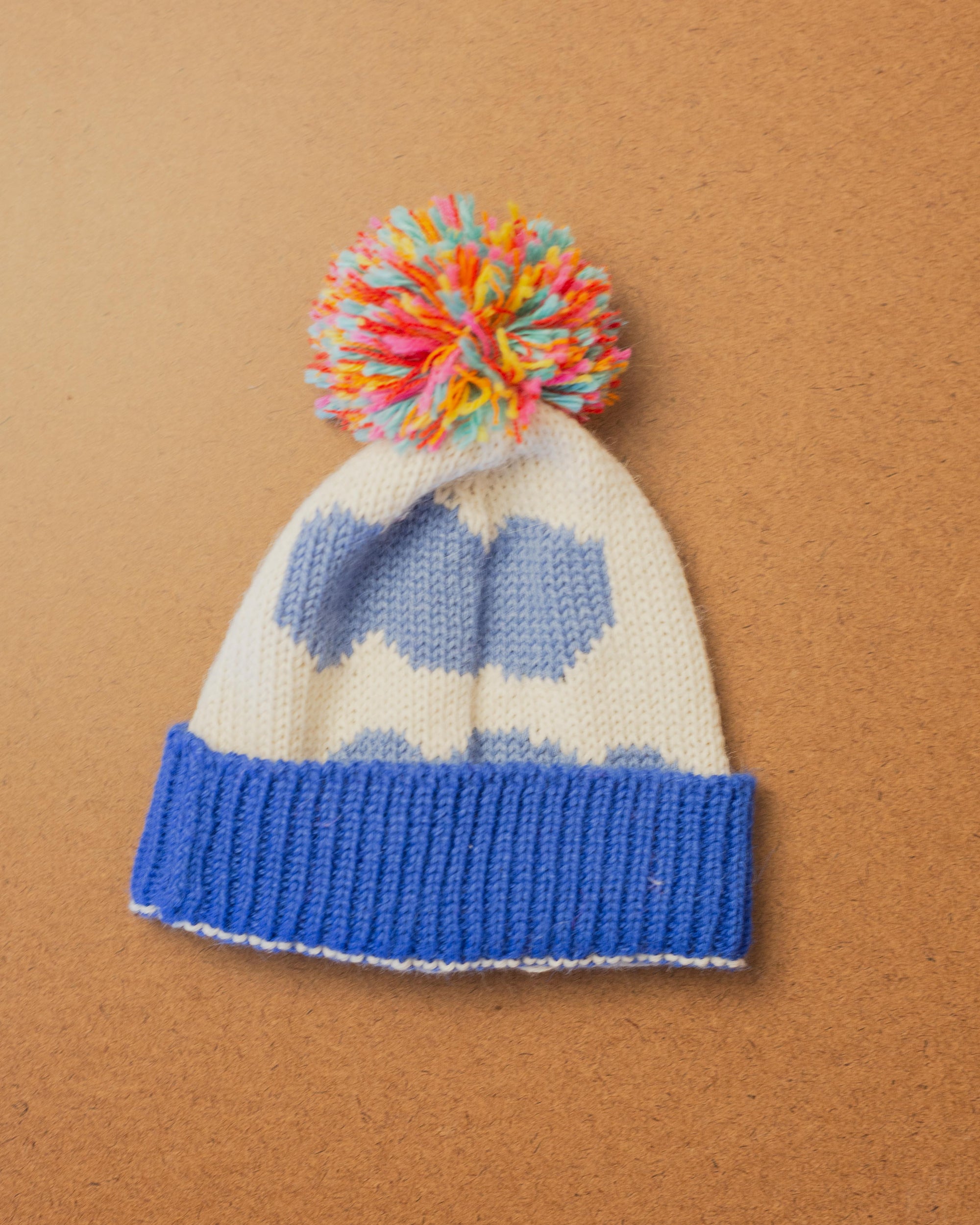 Kids Pom Pom Beanie in Blue Clouds