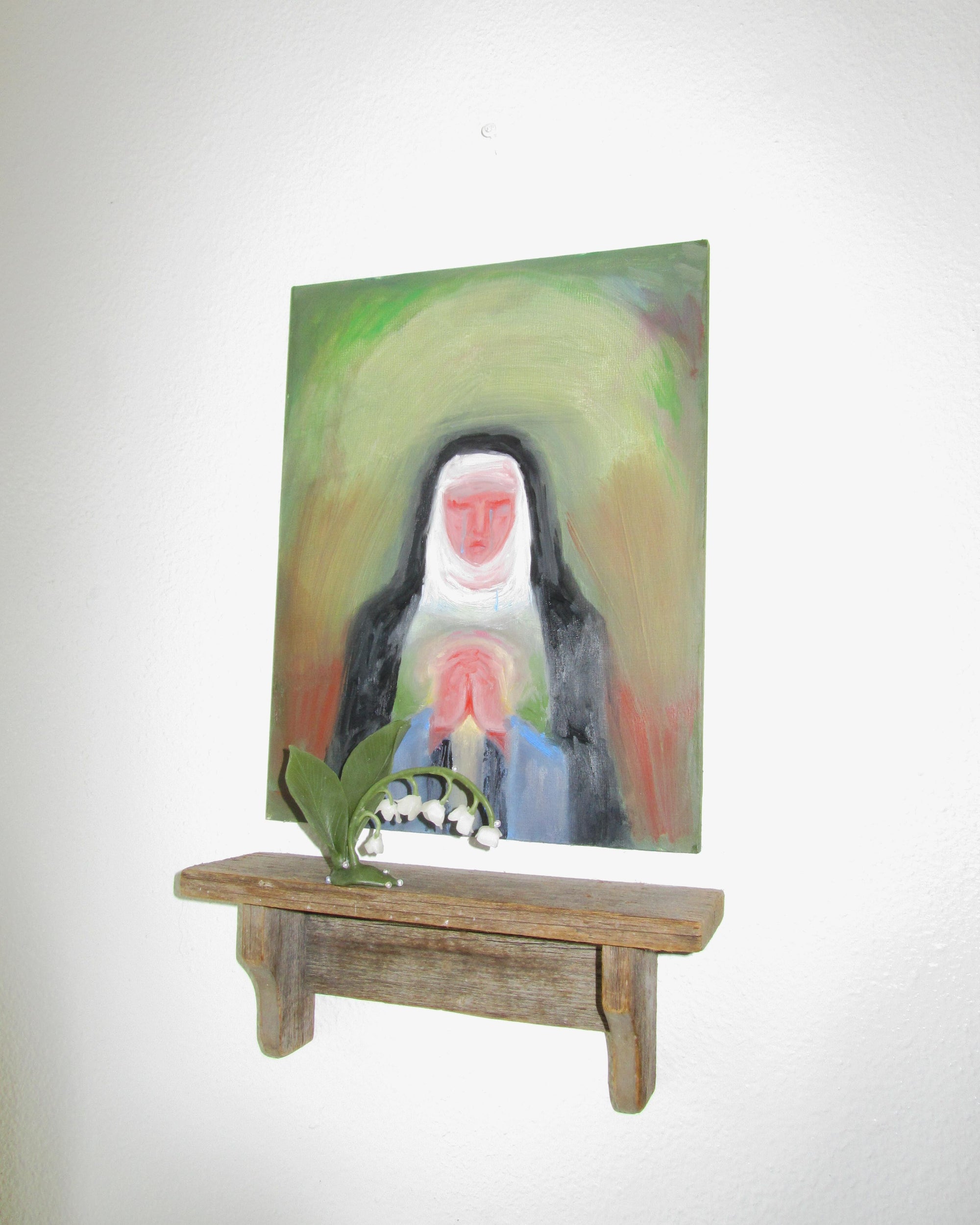 Lana Nichols “Mary’s Tears” Oil on wooden panel, Beeswax sculpture with glass beads.