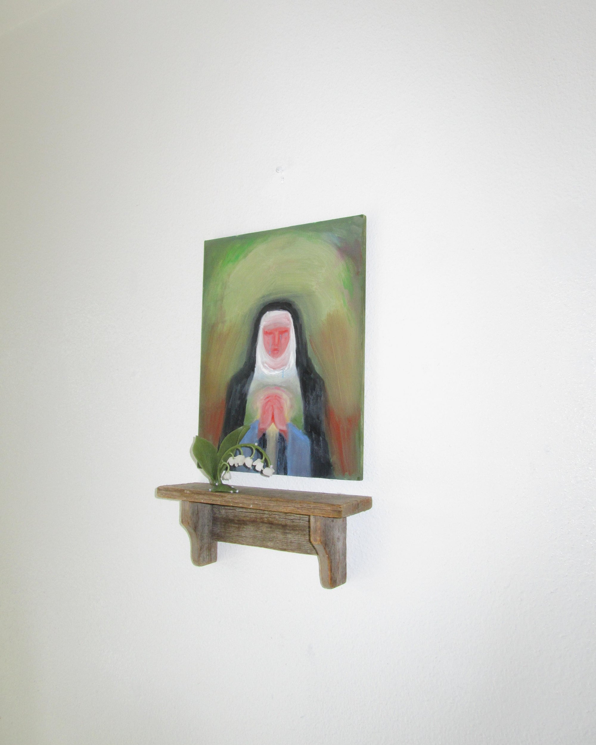Lana Nichols “Mary’s Tears” Oil on wooden panel, Beeswax sculpture with glass beads.