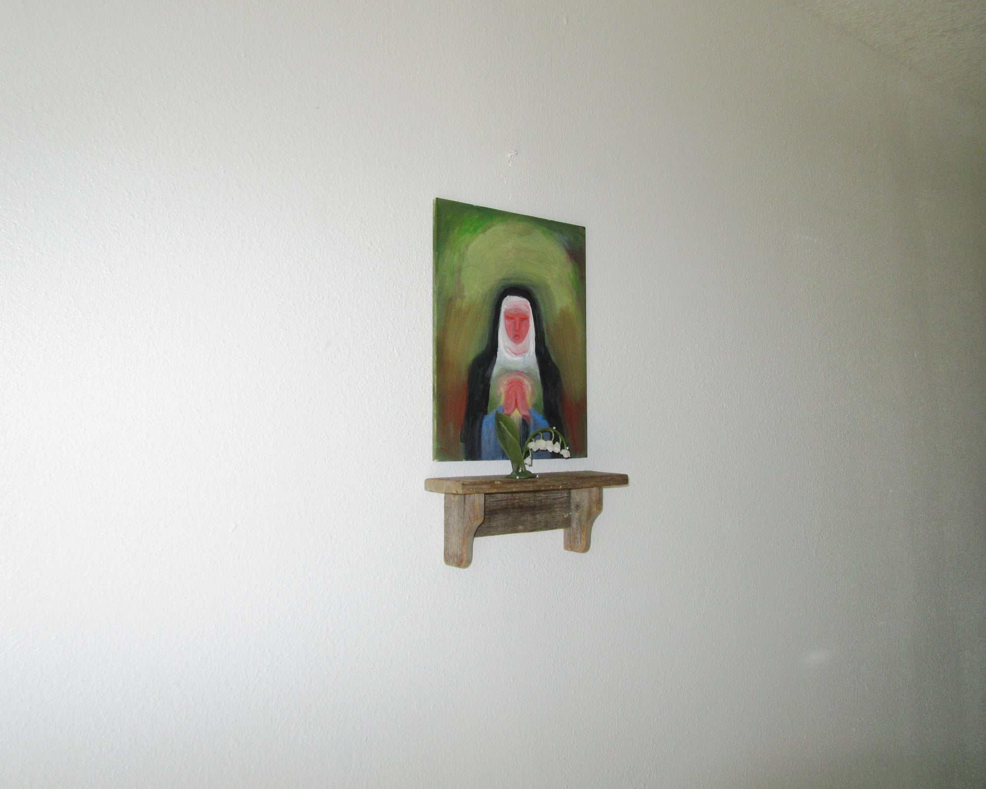 Lana Nichols “Mary’s Tears” Oil on wooden panel, Beeswax sculpture with glass beads.