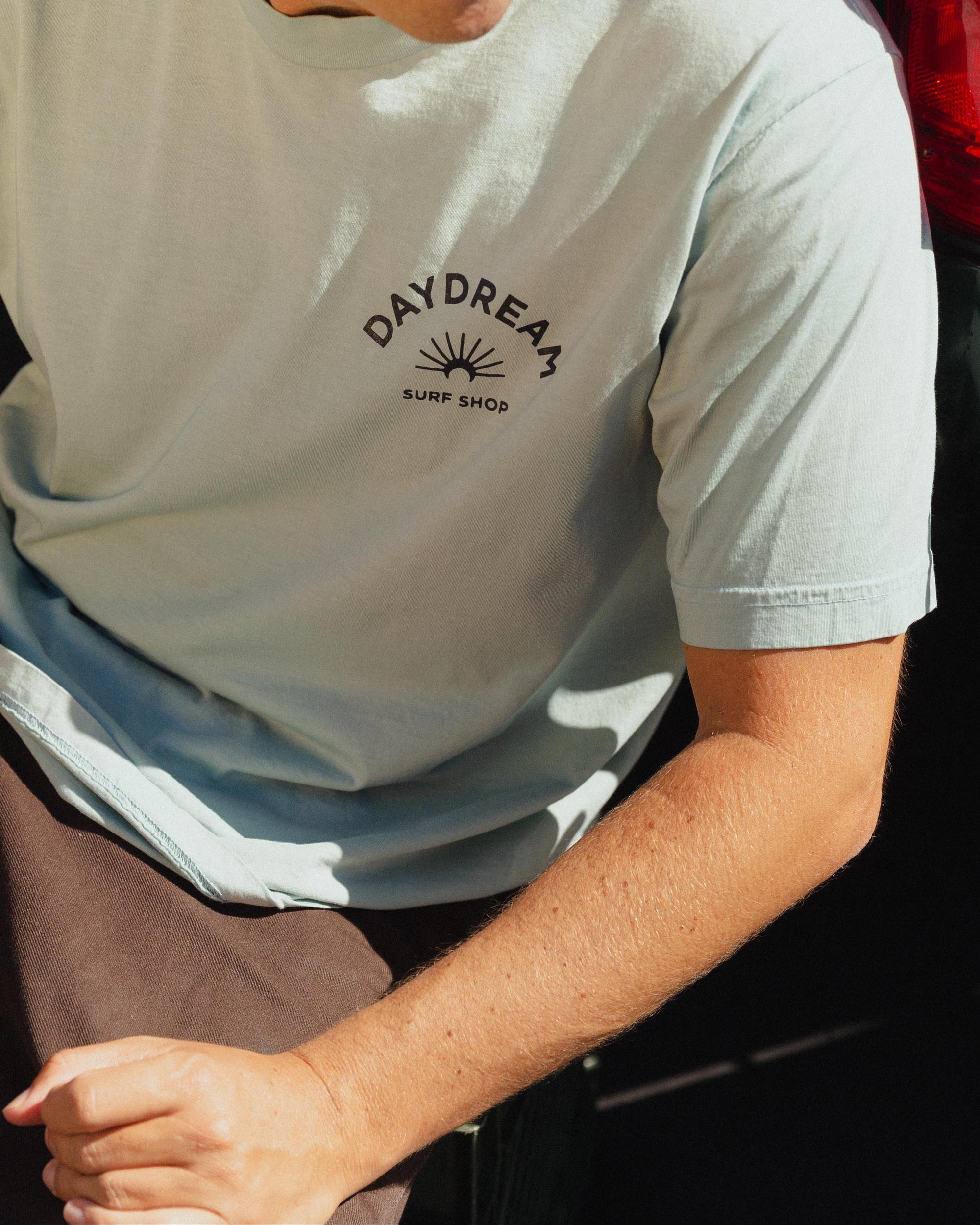 Person wearing a light blue t-shirt with 'Daydream Surf Shop' logo, sitting next to a vehicle.