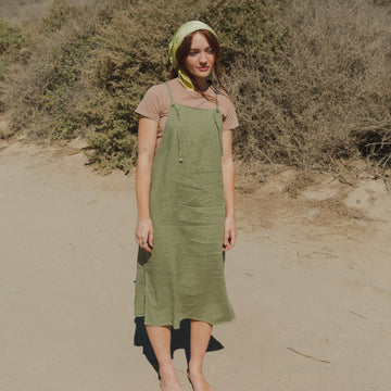 Womens Linen Overall Apron Dress in Green