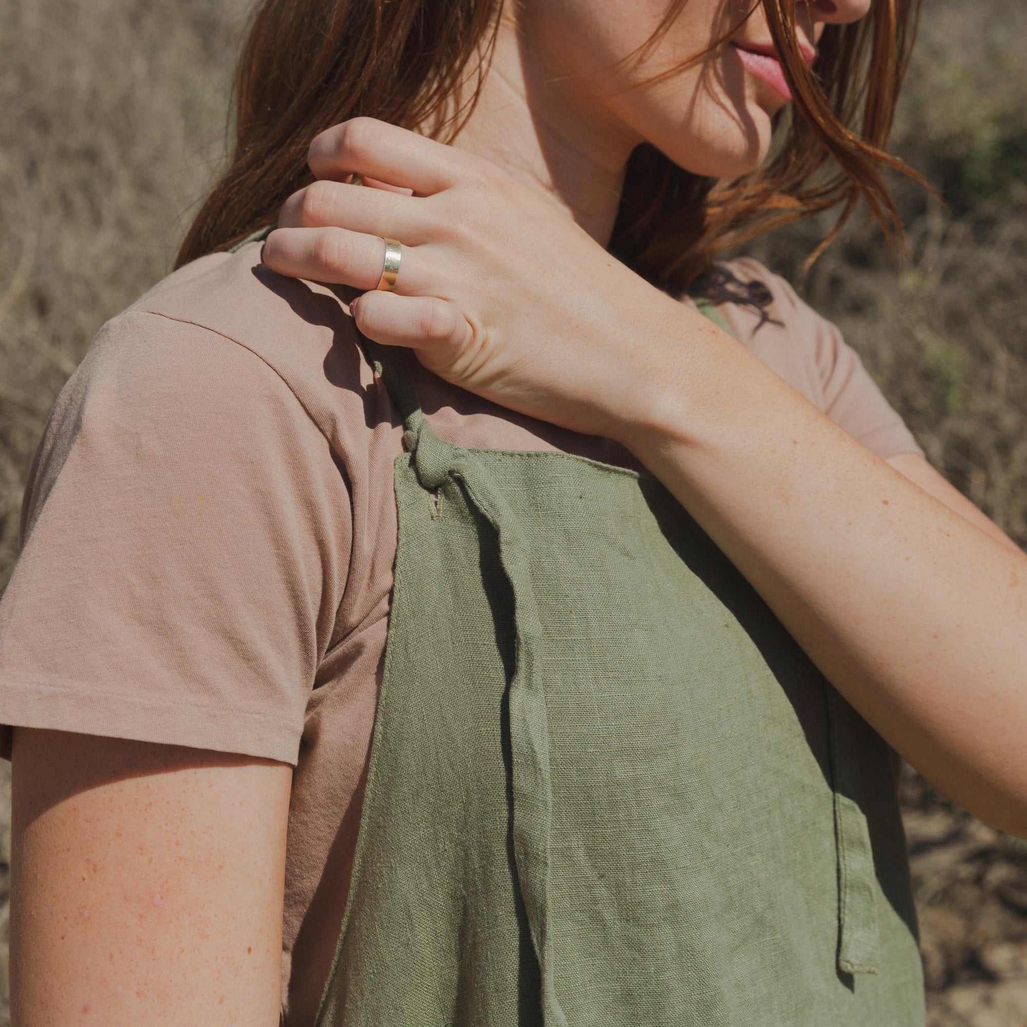 Top of Womens Linen Overall Apron Dress in Green