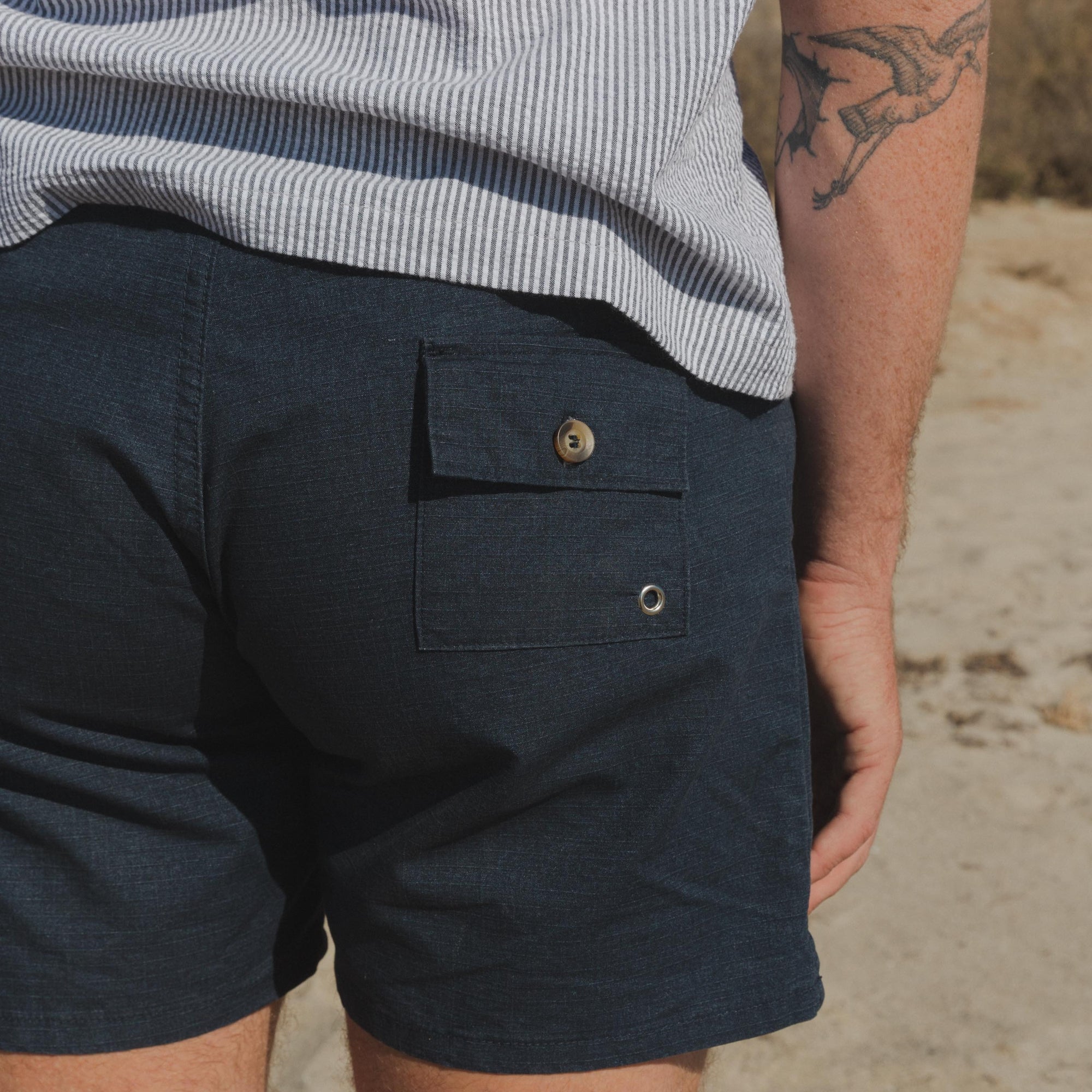 Cotton Canvas Swim Trunks in Blue, Back Pocket