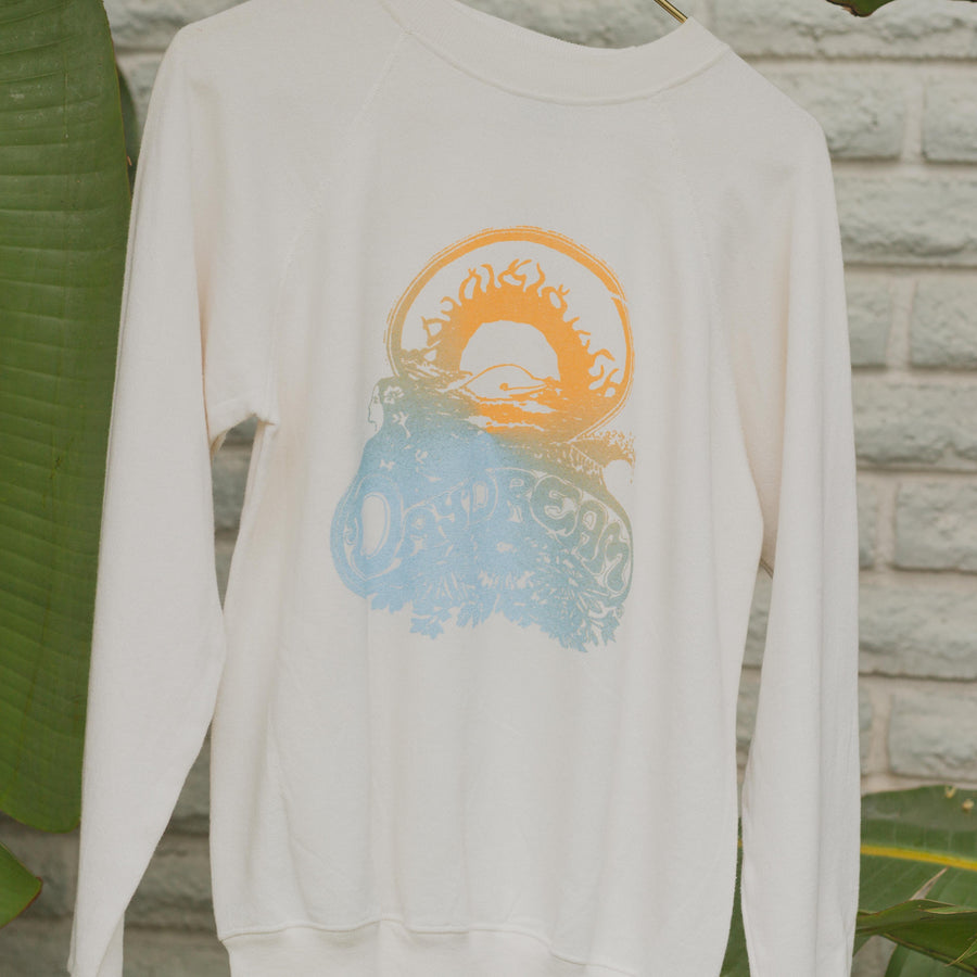 Vintage White Raglan Crewneck Screen printed with our surf shop graphic
