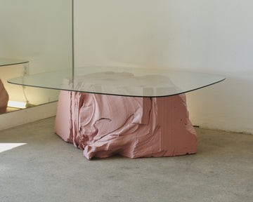 Coffee table, 2023. Glass, polystyrene foam, acrylic. 44” L x 44 ” W x 16” H (glass); 38” L x 28” W (base)