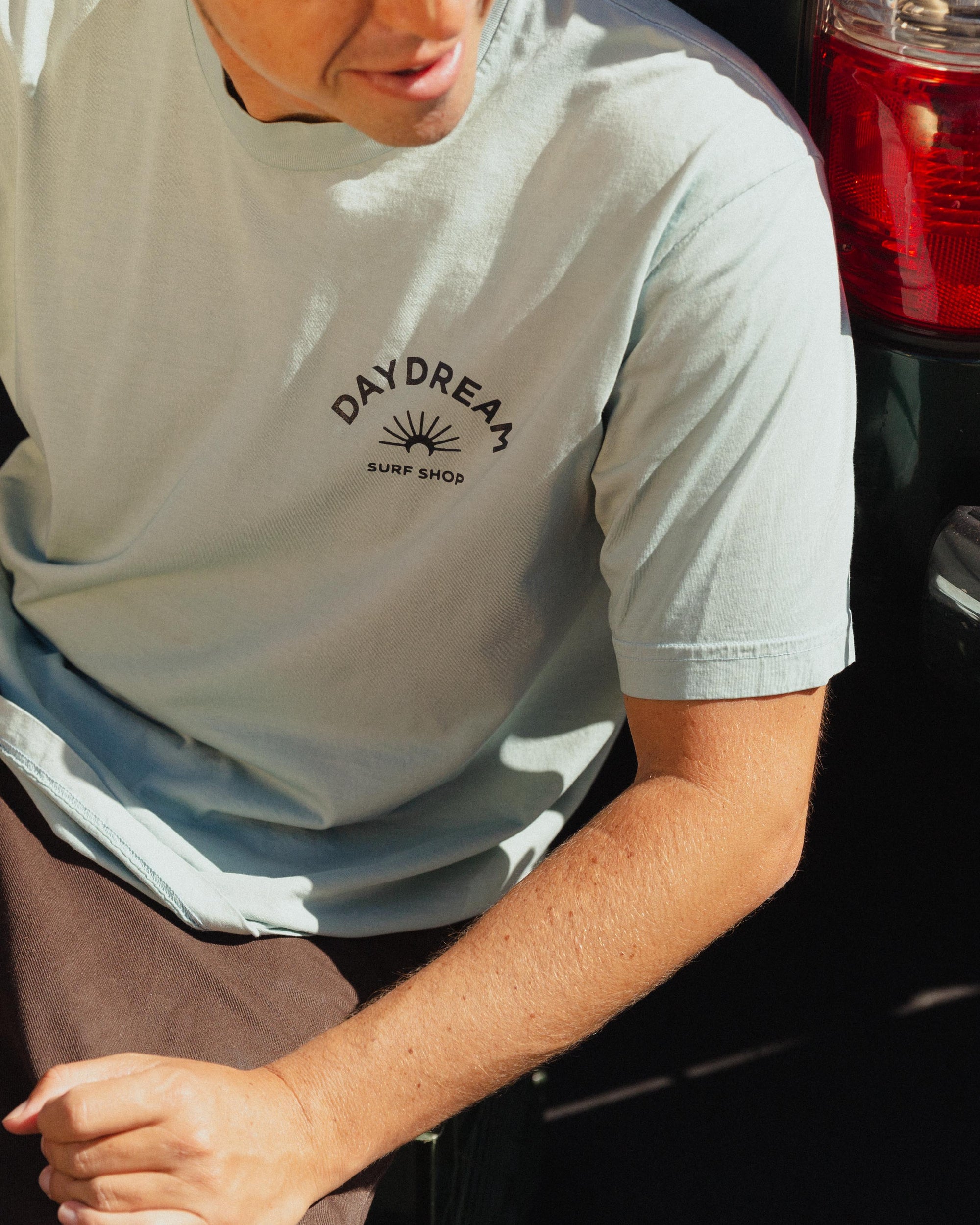 Person wearing a light blue t-shirt with 'Daydream Surf Shop' logo, sitting next to a vehicle.