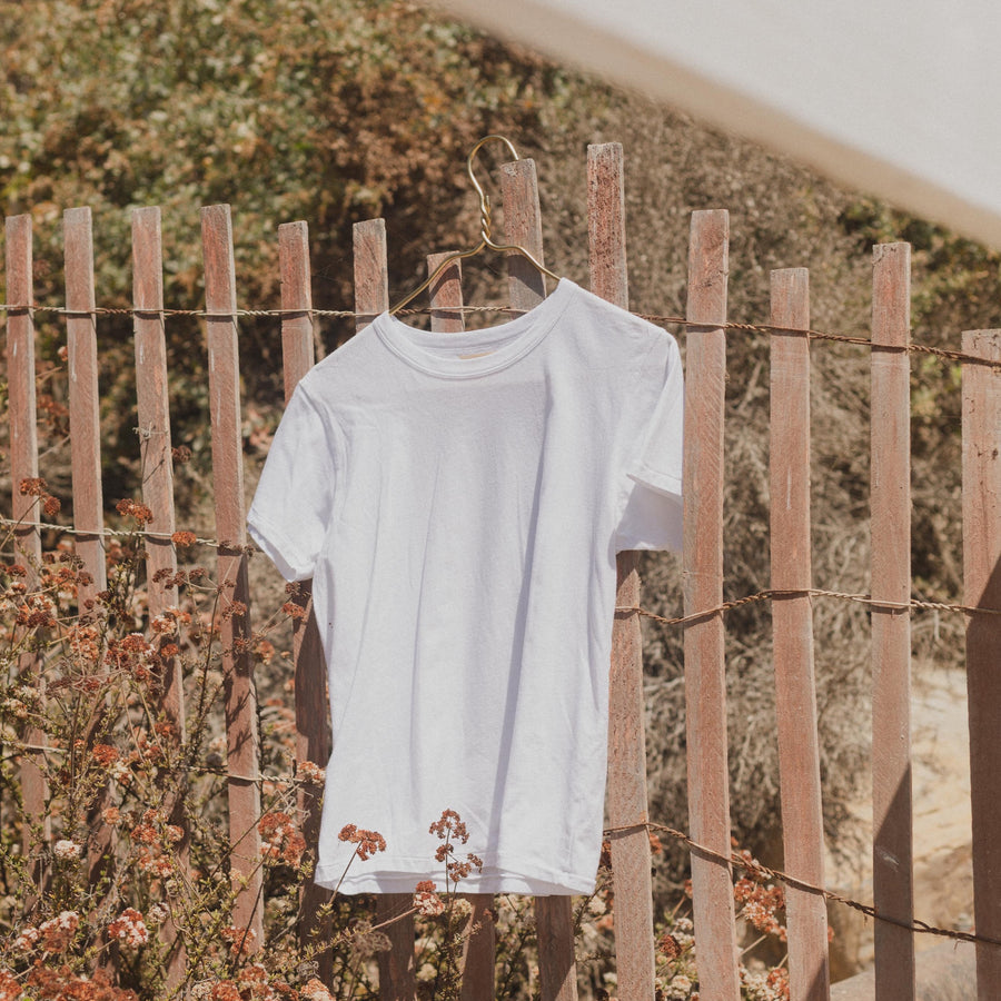 Womens Vintage Fit Cotton Tee in White on Fence