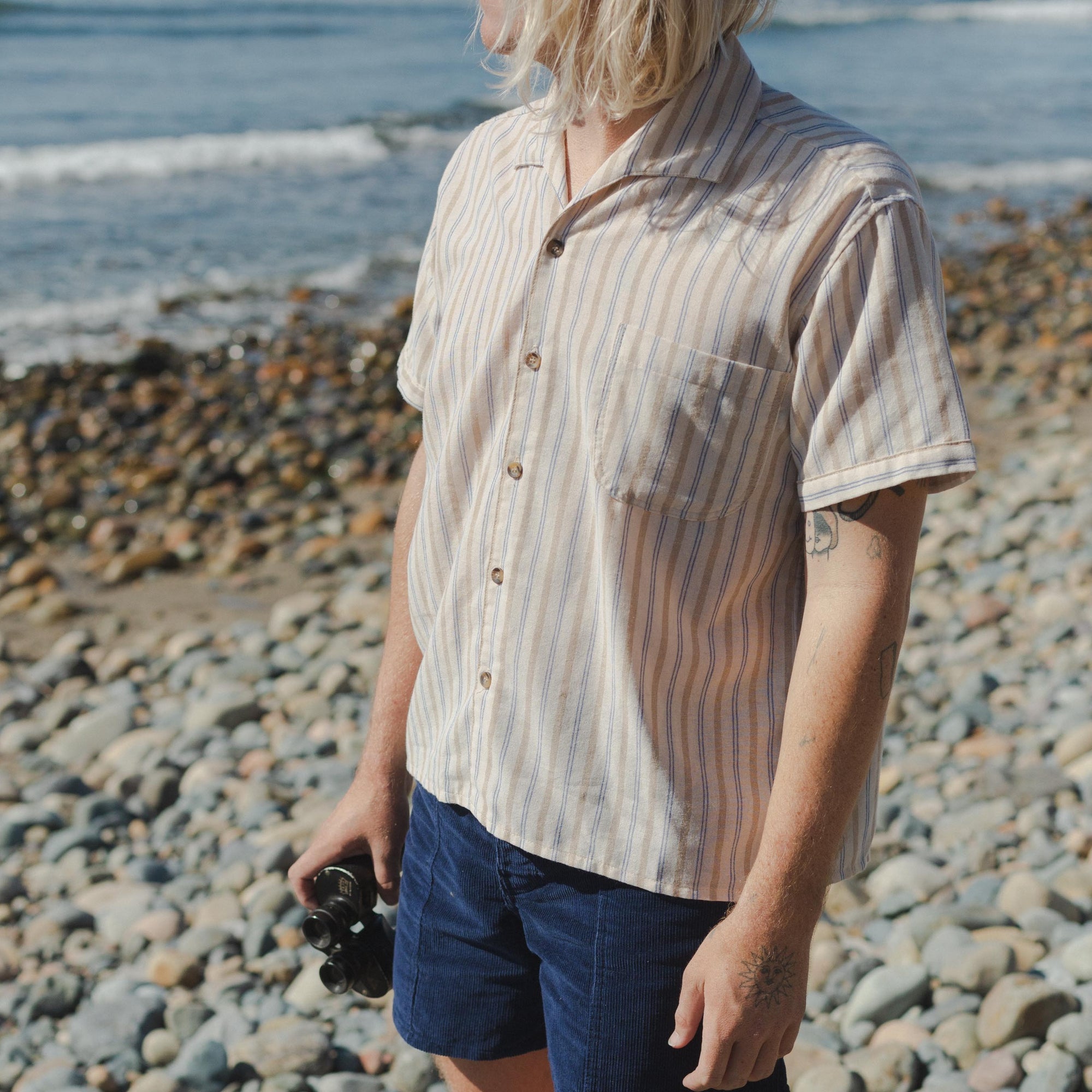 Mens Boxy Striped Button-Up Shirt in Cream and Corduroy Shorts in Blue