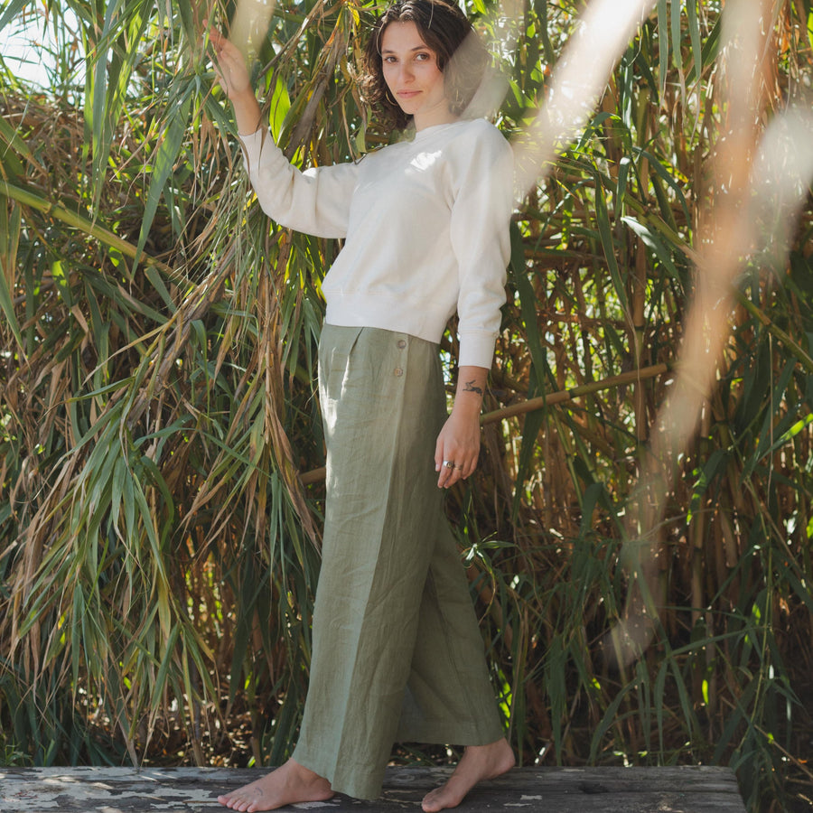 Womens Linen Sailor Pants in Green, Right