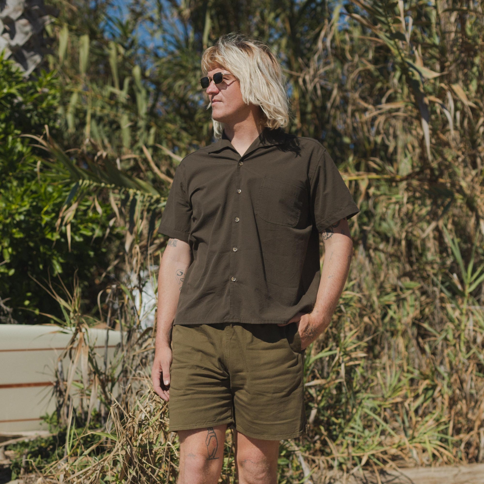 Mens Button-Up Collared Shirt in Olive and Mens Cotton Canvas Shorts in Green
