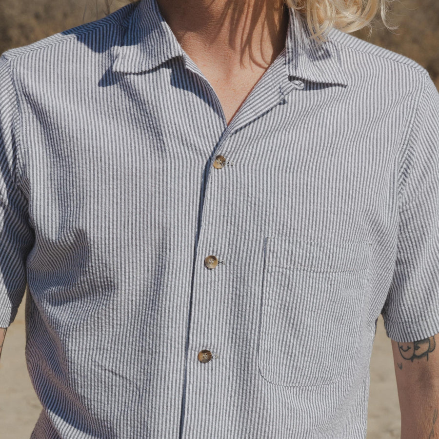 Mens Collared Shirt made from Dead Stock Thin Striped Material, Buttons