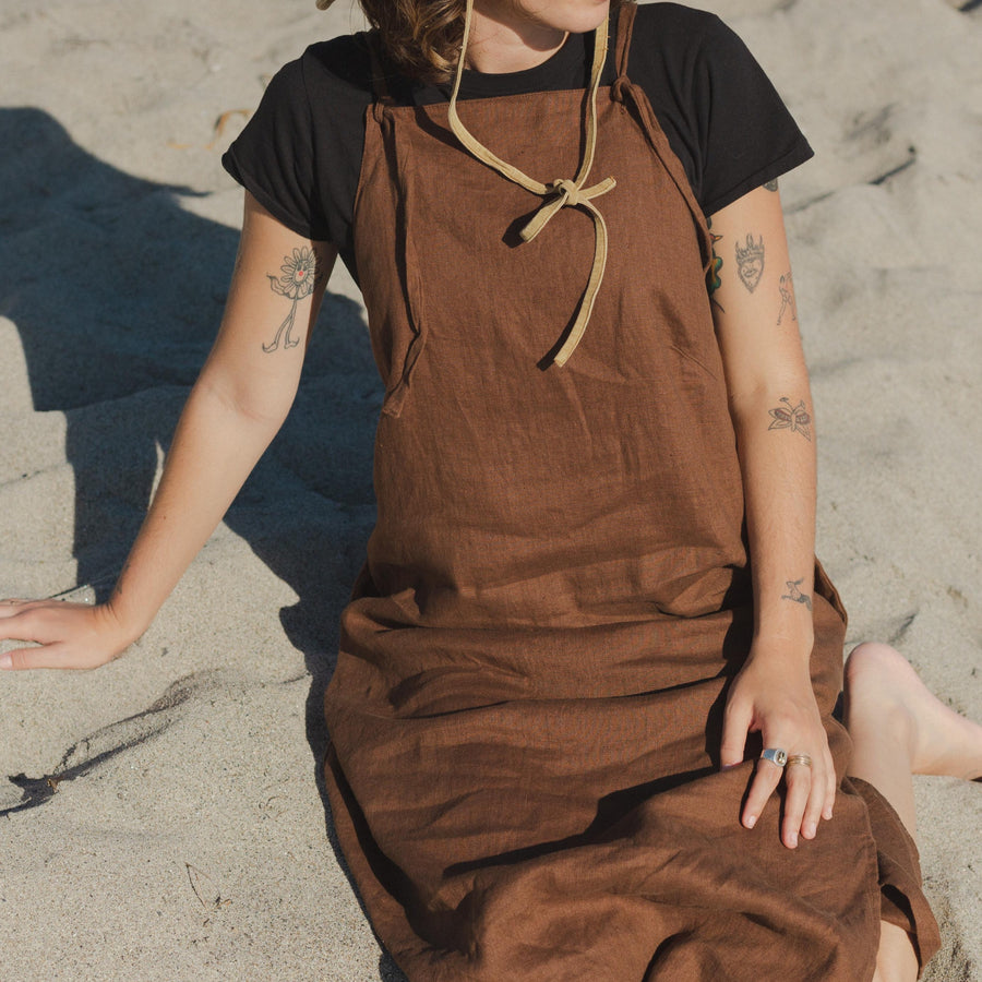 Womens Linen Overall Apron Dress in Brown