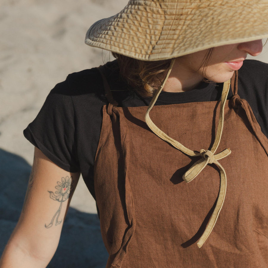 Top of Womens Linen Overall Apron Dress in Brown
