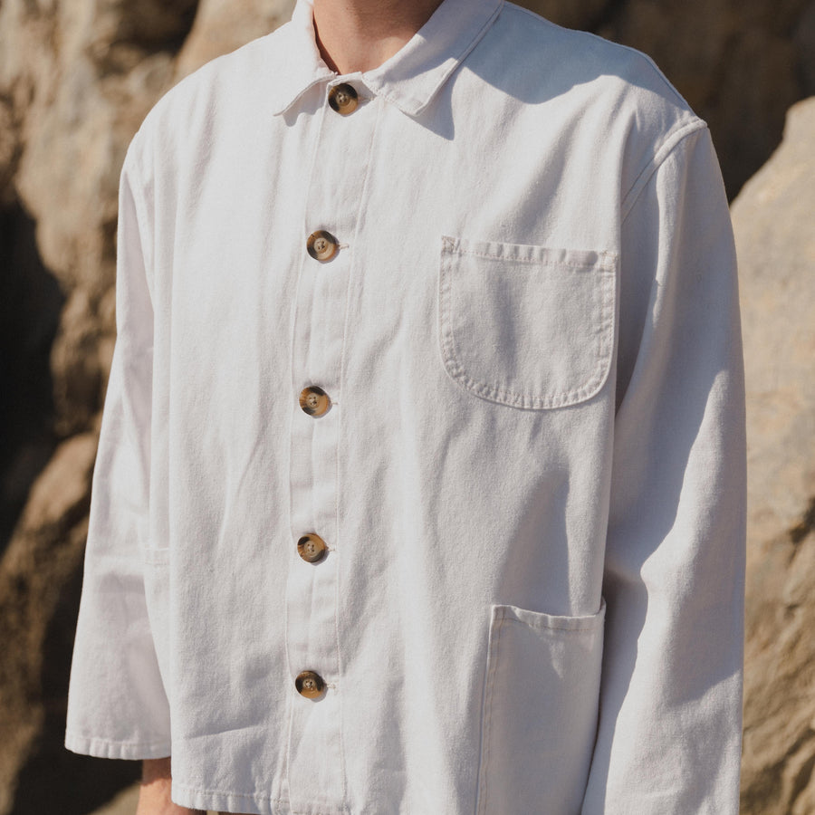Organic Hemp Cotton Chore Jacket in White, Buttons